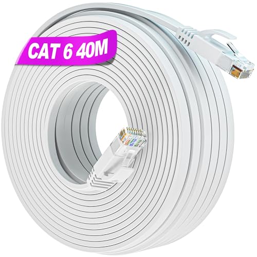 LAN Kabel 40 Meter, Netzwerkkabel Flach 40m Ethernet Kabel Cat 6 Verlegekabel Weiß Hochgeschwindigkeits Gigabit Wlan Kabel Lang Internet Kabel Dünn RJ45 Patchkabel Kompatibel zu Cat5 Cat5e für Router von Soibke