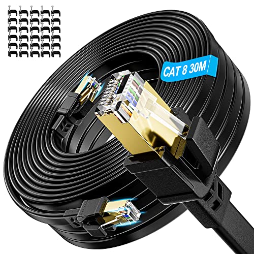 Soibke LAN Kabel 30m Cat 8, Netzwerkkabel 30 Meter Flach Geschirmt 40Gbps 2000MHz Hochgeschwindigkeit Wlan Ethernet Kabel RJ45 Gigabit Patch Internetkabel Lang Schwarz für Router Modem von Soibke