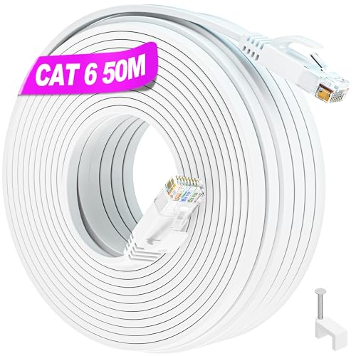 Soibke LAN Kabel 50 Meter Weiß, Netzwerkkabel 50m Cat 6 Flach Hochgeschwindigkeits Gigabit Ethernet Kabel 50 Meter Outdoor Wlan Kabel Dünn Weiss RJ45 Internet Kabel Lang Patchkabel Wasserdicht von Soibke