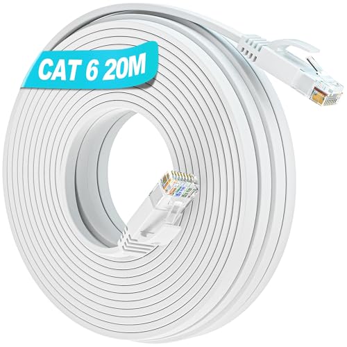 Netzwerkkabel 20m Flach, LAN Kabel 20 Meter Outdoor RJ45 Ethernet Kabel Cat 6 Weiß Hochgeschwindigkeits Gigabit Wlan Kabel Lang Internet Kabel Dünn Patchkabel Kompatibel zu Cat5 Cat5e für Router Modem von Soibke