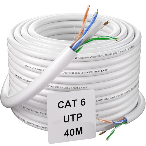 Soibke LAN Kabel 40 Meter Outdoor, Cat 6 Netzwerkkabel 40m Weiß Verlegekabel Hochgeschwindigkeit Ethernet Wlan Kabel Lang Installationskabel UTP 23AWG 250MHZ Gigabit RJ45 Internet Patchkabel von Soibke