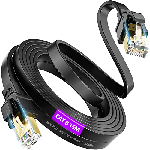 Netzwerkkabel Cat 8 15 Meter, Cat 8 LAN Kabel 15m Flach Geschirmt Ethernet Kabel Outdoor, 40Gbps 2000MHz Hochgeschwindigkeit Gigabit RJ45 Patch Kabel Lang Internetkabel Schwarz für Modem Router von Soibke