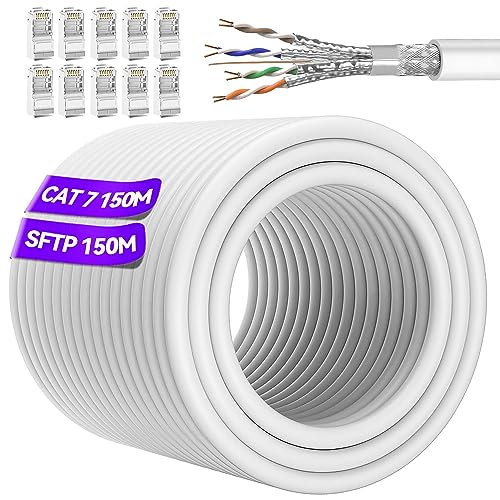 Soibke Lan Kabel 150 Meter, Outdoor Netzwerkkabel Cat 7 Verlegekabel WifiKabel 10Gbps 600MHz EthernetKabel SFTP RJ45 Kabel Geschirmt Patchkabel Weiß Internet Kabel Installationskabel Wlan Kabel von Soibke