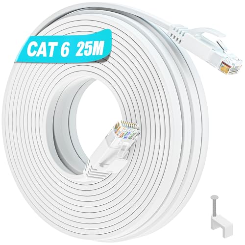 LAN Kabel 25 Meter, Cat 6 Netzwerk-Patchkabel, Gigabit Ethernet Hochgeschwindigkeit 1000Mbps, Dünn WiFi Flach Weiß Internetkabel Außen für Router Modem (25 Clips) LAN Kabel 25 Meter, Cat 6 Netzwerk-Patchkabel, Gigabit Ethernet Hochgeschwindigkeit 1000Mbps, Dünn WiFi Flach Weiß Internetkabel Außen für Router Modem (25 Clips) von Soibke