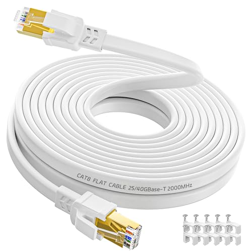 Soibke LAN Kabel 8M, Cat 8 Ethernet Netzwerkkabel Flach 8 Meter Geschirmt Hochgeschwindigkeits 40Gbps 2000MHz Wlan Internetkabel Weiß RJ45 Gigabit Patchkabel für Router Modem von Soibke