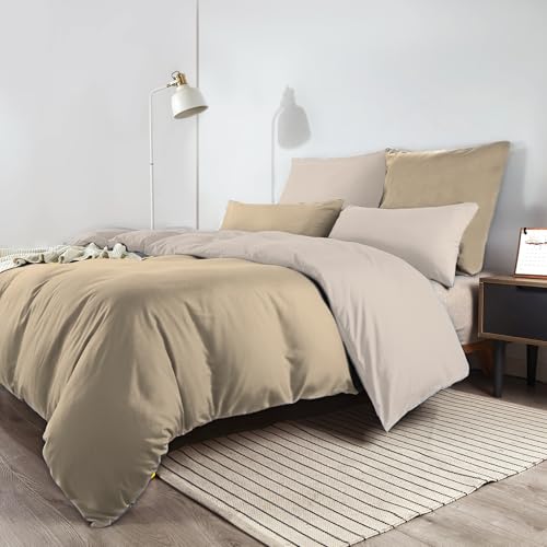 Soifox Bettwäsche 200x200 Beige - aus Mikrofaser Bügelfrei & Knitterfrei Bettbezug 200 x 200 Set mit 80x80 cm Kissenbezug 2er Set Bettwasche mit Reißverschluss von Soifox