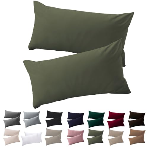 Soifox Kissenbezug 40 x 80 2er Set - Kopfkissenbezug 40x80 Olivergrün 100% Mikrofaser bügelfrei & knitterfrei mit Reißverschluss von Soifox