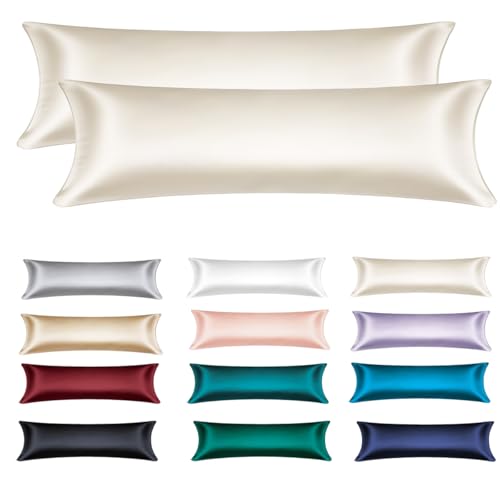 Soifox Satin Seitenschläferkissen Bezug 40x145-2er Set Weich wie Luxurious Seidenkissenbezug 40x145 für Haar und Haut mit Reißverschluss Beige von Soifox
