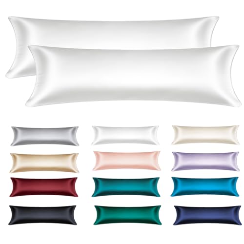 Soifox Satin Seitenschläferkissen Bezug 40x145-2er Set Weich wie Luxurious Seidenkissenbezug 40x145 für Haar und Haut mit Reißverschluss Weiß von Soifox