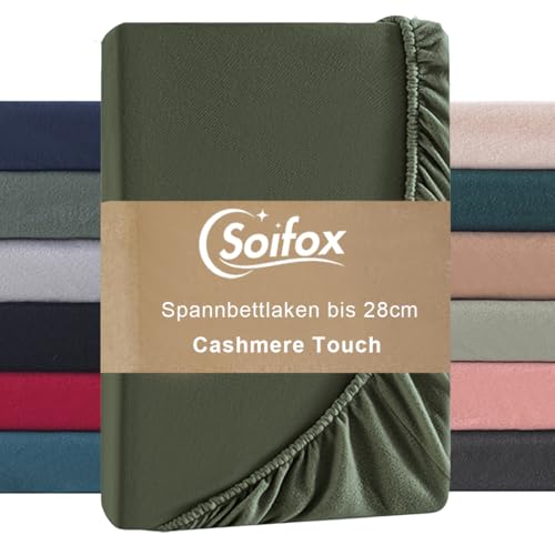Soifox Spannbettlaken 90x200cm Winter 2er Pack - Olivgrün Jersy Thermo Fleece Bettlaken 100x200 wie Biber, Kuschelig Flauschig Cashmere Touch Bettlaken für Boxspringbett Topper Matratze mit Gummizug von Soifox