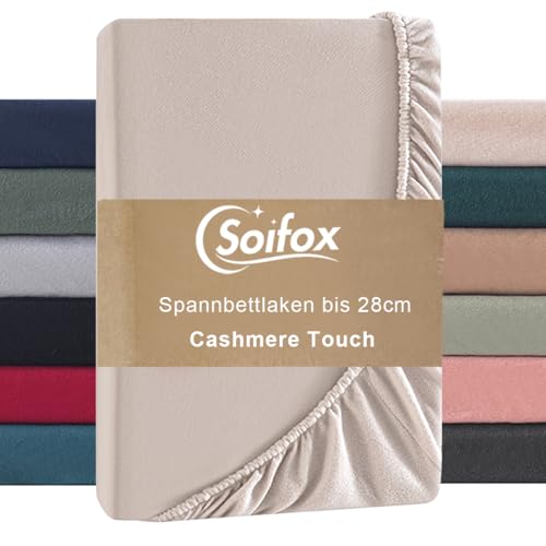 Soifox Spannbettlaken 90x200cm Winter - Beige Jersy Thermo Fleece Bettlaken 100x200 wie Biber, Kuschelig Flauschig Cashmere Touch Bettlaken für Boxspringbett Topper Matratze mit Gummizug von Soifox