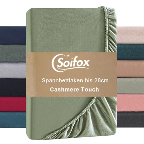 Soifox Spannbettlaken 90x200cm Winter - Salbeigrün Jersy Thermo Fleece Bettlaken 100x200 wie Biber, Kuschelig Flauschig Cashmere Touch Bettlaken für Boxspringbett Topper Matratze mit Gummizug von Soifox