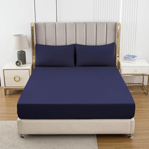 Soifox Spannbettlaken für Super-Kingsize-Bett, mit extra tiefer Tasche, 40 cm, weiches Mikrofaser-Spannbetttuch für Super-Kingsize-Bett, 180 x 200 cm, Marineblau von Soifox