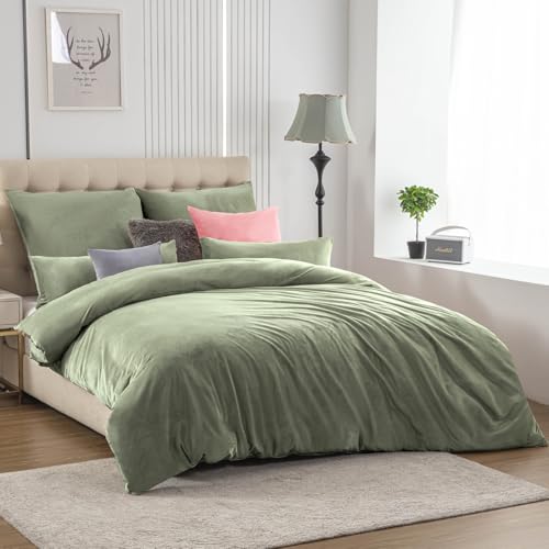 Soifox Winter Flanell Bettwäsche 180x200 - Salbeigrün Flauschige und Warme Cashmere Touch Bettbezug + Kissenbezug 2er Set 80x80 cm mit Reißverschluss von Soifox