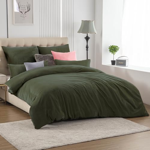 Soifox Winter Flanell Bettwäsche 200x220 - Olivgrün Flauschige und Warme Cashmere Touch Bettbezug + Kissenbezug 2er Set 80x80 cm mit Reißverschluss von Soifox