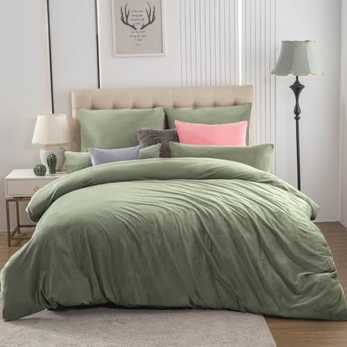 Soifox Winter Flanell Bettwäsche 220x240 - Salbeigrün Flauschige und Warme Cashmere Touch Bettbezug + Kissenbezug 2er Set 80x80 cm mit Reißverschluss von Soifox