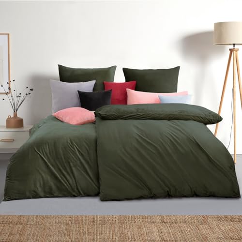 Soifox Winter Flanell bettwäsche 135 x 200 4teilig - Olivgrün Flauschige und Warme Cashmere Touch Bettbezug 2er Set + Kissenbezug 2er Set 80x80 cm mit Reißverschluss von Soifox