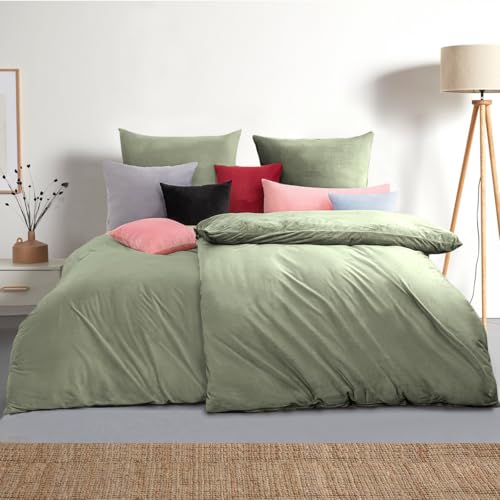 Soifox Winter Flanell bettwäsche 135 x 200 4teilig - Salbeigrün Flauschige und Warme Cashmere Touch Bettbezug 2er Set + Kissenbezug 2er Set 80x80 cm mit Reißverschluss von Soifox