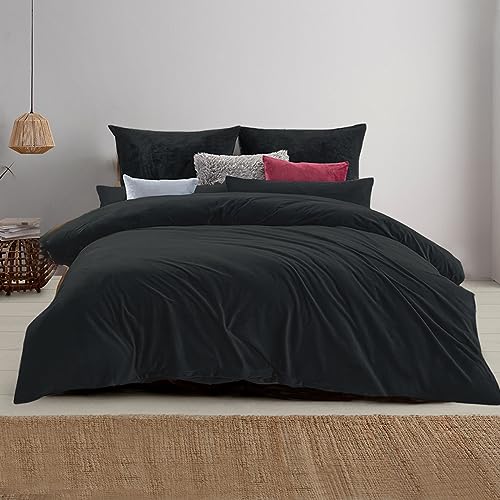 Soifox Winter Flanell bettwäsche 220x240 - Schwarz Flauschige und warme Cashmere Touch Bettbezug + Kissenbezug 2er Set 80x80 cm mit Reißverschluss von Soifox