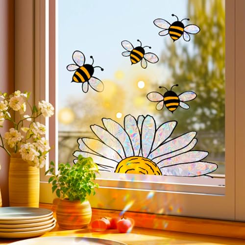 Soiftra 5 Stück Fensteraufkleber mit Frühlings und Sommermotiven,Sonnenblumen und Bienen,Glänzende Fensterbilder in Regenbogen-Prismaform,Doppelseitige & Wiederverwendbar Fensteraufkleber für Glas Soiftra 5 Stück Fensteraufkleber mit Frühlings und Sommermotiven,Sonnenblumen und Bienen,Glänzende Fensterbilder in Regenbogen-Prismaform,Doppelseitige & Wiederverwendbar Fensteraufkleber für Glas von Soiftra