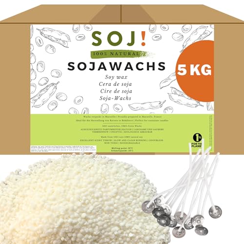 Soj Sojawachs, 5 kg, für Kerzen ohne GVO, 100 % natürlich, E-BOOK + 50 Dochte. Herstellung von Gießkerzen, Wachs, Kerzen, Kerzenwachs, verpackt in Frankreich von Soj