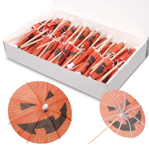 100 Stück Halloween-Kürbis-Getränke-Regenschirme, bunte Papierschirme für Getränke, Cocktailspieße, Obst, Cupcake-Topper, Stäbchen für Sommerpartys, Dekorationen von Sokfone