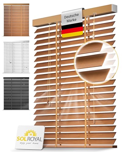 Sol Royal Holzjalousie 50 mm Lamellen extra breit – Fensterjalousie 110x250 cm Holzrollo einfache Montage Wand & Decke – Blickschutz Jalousie Fenster & Tür Massivholz Echtholz Rollo Eichenoptik – BE5 von Sol Royal