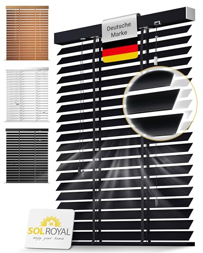 Sol Royal Holzjalousie 50 mm Lamellen extra breit – Fensterjalousie 110x250 cm Holzrollo einfache Montage Wand & Decke – Blickschutz Jalousie Fenster & Tür Massivholz Echtholz Rollo in Schwarz – BE5 von Sol Royal