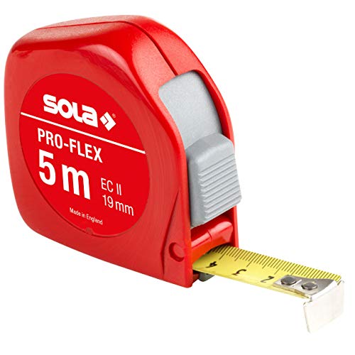 SOLA PRO-FLEX - Bandmaß 5m / 19mm - Taschenbandmaß mit Gürtelclip - Stahlband, gelb lackiert mit mm Skala - Genauigkeitsklasse II - Rollmeter mit beweglichem Endhaken - Metermaß Länge - 5m/19mm von Sola
