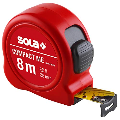 SOLA Bandmaß - COMPACT ME - 8m / 25m - Taschenbandmaß mit Gürtelclip - Stahlband, gelb lackiert mit mm/inch Skala - Genauigkeitsklasse II - Rollmeter mit beweglichem Endhaken - Länge 8m/25m SOLA Bandmaß - COMPACT ME - 8m / 25m - Taschenbandmaß mit Gürtelclip - Stahlband, gelb lackiert mit mm/inch Skala - Genauigkeitsklasse II - Rollmeter mit beweglichem Endhaken - Länge 8m/25m von Sola