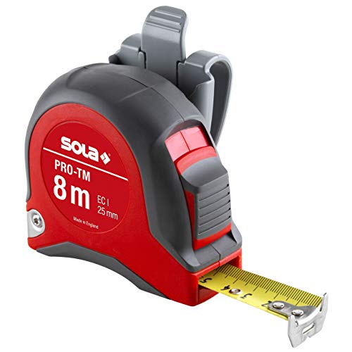 SOLA Bandmaß - PRO-TM - 8m / 25mm - robustes Profi-Rollbandmaß mit Gürtelclip - Stahlband, gelb lackiert mit mm Skala - Genauigkeitsklasse I - Rollmeter mit beweglichem Endhaken - Länge 8m/25mm von Sola