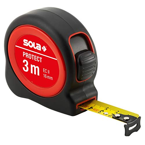 SOLA Bandmaß - PROTECT - 3m / 16mm - robustes Rollbandmaß mit Gürtelclip - Stahlband, gelb lackiert mit mm Skala - Genauigkeitsklasse II - Rollmeter mit beweglichem Endhaken - Länge 3m/16mm von Sola