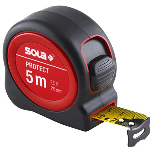 SOLA Bandmaß - PROTECT - 5m / 25mm - robustes Rollbandmaß mit Gürtelclip - Stahlband, gelb lackiert mit mm Skala - Genauigkeitsklasse II - Rollmeter mit beweglichem Endhaken - Länge 5m/25mm von Sola