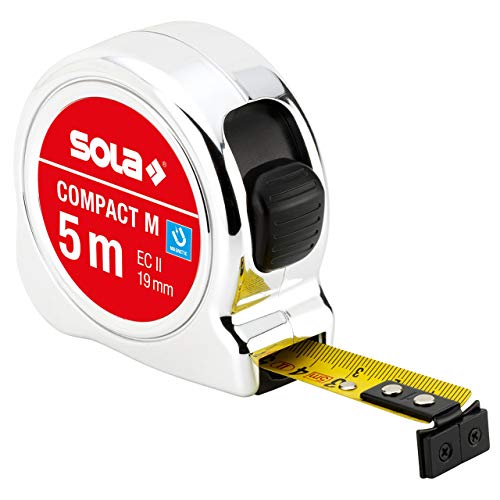 SOLA Bandmaß magnetisch - COMPACT M - 5m / 19mm - Taschenbandmaß mit Gürtelclip - Stahlband, gelb lackiert mit mm Skala - Genauigkeitsklasse II - Rollmeter mit beweglichem Endhaken - Länge 5m/19mm von Sola