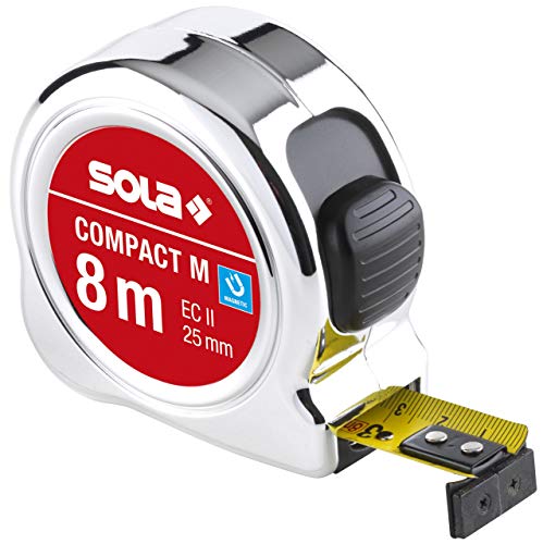 SOLA COMPACT M - Bandmaß magnetisch 8m / 25mm - Taschenbandmaß mit Gürtelclip - Stahlband, gelb lackiert mit mm Skala - Genauigkeitsklasse II - Rollmeter mit beweglichem Endhaken - Länge 5m, 8m von Sola