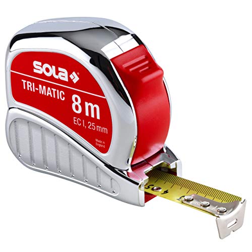 SOLA Bandmaß - TRI-MATIC - 8m / 25mm - Profi-Taschenbandmaß mit Gürtelclip - Stahlband, gelb lackiert mit mm Skala - Genauigkeitsklasse I - Rollmeter mit beweglichem Endhaken - Länge 8m/25mm von Sola