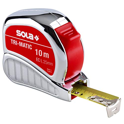 SOLA Bandmaß - TRI-MATIC - 10m / 25mm - Profi-Taschenbandmaß mit Gürtelclip - Stahlband, gelb lackiert mit mm Skala - Genauigkeitsklasse I - Rollmeter mit beweglichem Endhaken - Länge 10m/25mm von Sola