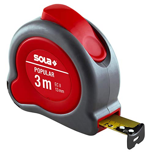 SOLA POPULAR - Bandmaß 3m / 13mm - Profi-Rollbandmaß mit Gürtelclip - Stahlband, gelb lackiert mit mm Skala - Genauigkeitsklasse II - Rollmeter mit beweglichem Endhaken - Metermaß Länge - 3m / 13mm von Sola