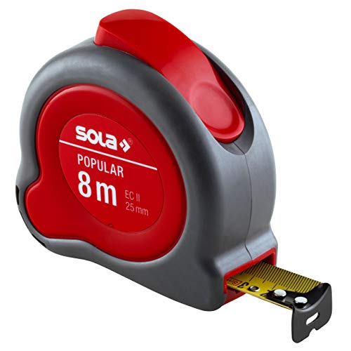 SOLA POPULAR - Bandmaß 8m / 25mm - Profi-Rollbandmaß mit Gürtelclip - Stahlband, gelb lackiert mit mm Skala - Genauigkeitsklasse II - Rollmeter mit beweglichem Endhaken - Metermaß Länge - 8m / 25mm von Sola