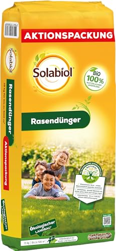 Solabiol Bio Rasendünger Aktionspackung, mit 120 Tage Langzeitwirkung für Frühjahr und Sommer mit natürlichem Wurzelstimulator, staubarmes Granulat, 15 kg Sack für 500m² von Solabiol