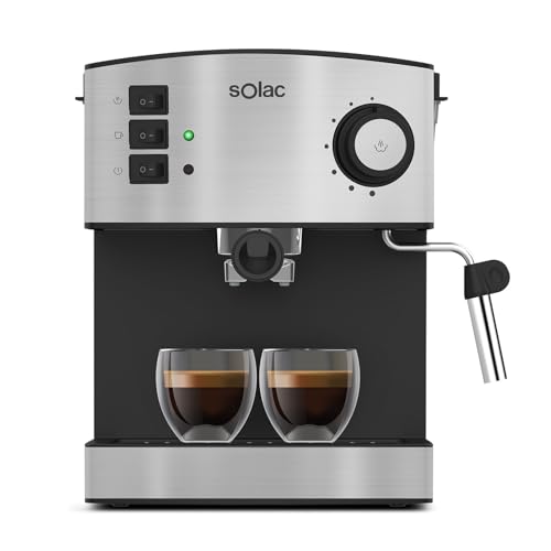 Solac - Espressomaschine 20 bar | 850 W | automatischer Stopp | 1 oder 2 Kaffees | 1,6 l | Temperatur- und Betriebsanzeige | Dosierlöffel von Solac