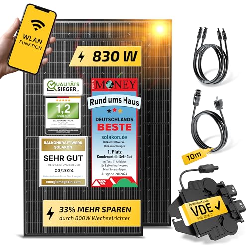 Solakon® 830W Balkonkraftwerk 800W komplett Steckdose - Balkonkraftwerk 800 Watt upgradebarer Wechselrichter 600W - Solaranlage Komplettset mit 415W Solarmodule -Photovoltaik Komplettanlage- 10m Kabel von Solakon