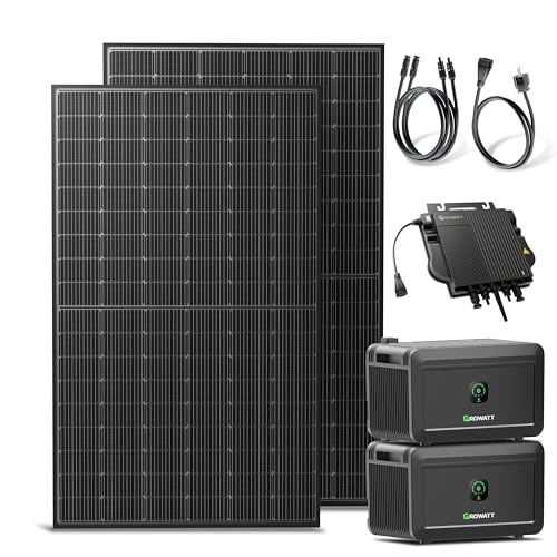 Solakon® 900W Balkonkraftwerk mit Speicher - Balkonkraftwerk 800W komplett Steckdose - neuester 800 Watt Wechselrichter - Growatt NOAH 2000 mit 4 kWh - 450W bifaziale Solarmodule - 5m Kabel von Solakon