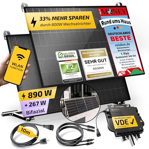 Solakon 900W Balkonkraftwerk mit Halterung (Balkon) - Balkonkraftwerk 800W komplett Steckdose - 800 Watt Wechselrichter - Solaranlage Komplettset - 450W bifaziale Solarmodule inkl. Zubehör - 10m Kabel von Solakon