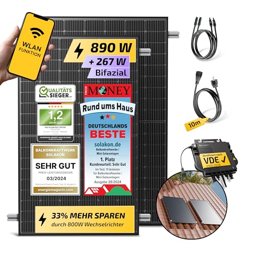 Solakon 900W Balkonkraftwerk mit Halterung (Ziegeldach, Einzelmontage) - 800W komplett Steckdose - 800 Watt Wechselrichter - Solaranlage Komplettset - 450W bifaziale Solarmodule inkl Zubehör - 5m von Solakon