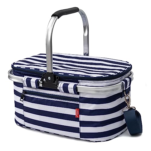 Solance - Faltbarer wasserdichter großer Picknick-, Einkaufs- oder Kühltasche mit Gurt – 25L (Marineblau Gestreift) von Solance