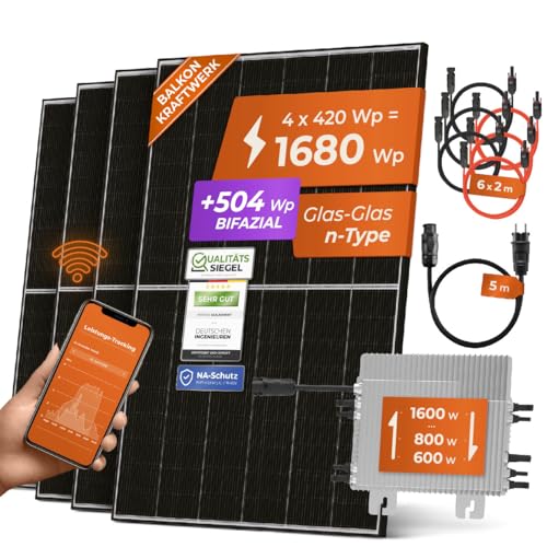 Solarway 1680W Balkonkraftwerk 1600W Komplett Steckdose - Ausgang einstellbar 600/800/1600W - 4x420W Bifaziale Glas/Glas n-Type JaSolar-Module, Wechselrichter mit APP&WiFi von Solarway