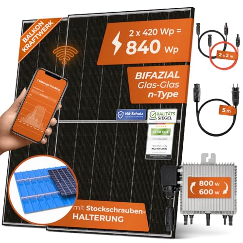 Solarway 840W Balkonkraftwerk 800W Komplett Steckdose - Ausgang einstellbar 600/800W - 2x420W Bifaziale Glas/Glas n-Type JaSolar-Module, Wechselrichter mit APP&WiFi, Plug&Play von Solarway