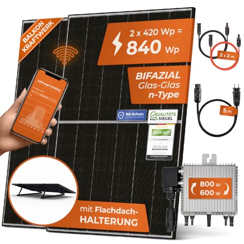 Solarway 840W Balkonkraftwerk 800W Komplett Steckdose - Ausgang einstellbar 600/800W - 2x420W Bifaziale Glas/Glas n-Type JaSolar-Module, Wechselrichter mit APP&WiFi, Plug&Play von Solarway