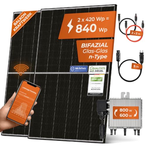 Solarway 840W Balkonkraftwerk 800W Komplett Steckdose - Ausgang einstellbar 600/800W - 2x420W Bifaziale Glas/Glas n-Type JaSolar-Module, Wechselrichter mit APP&WiFi, Plug&Play von Solarway